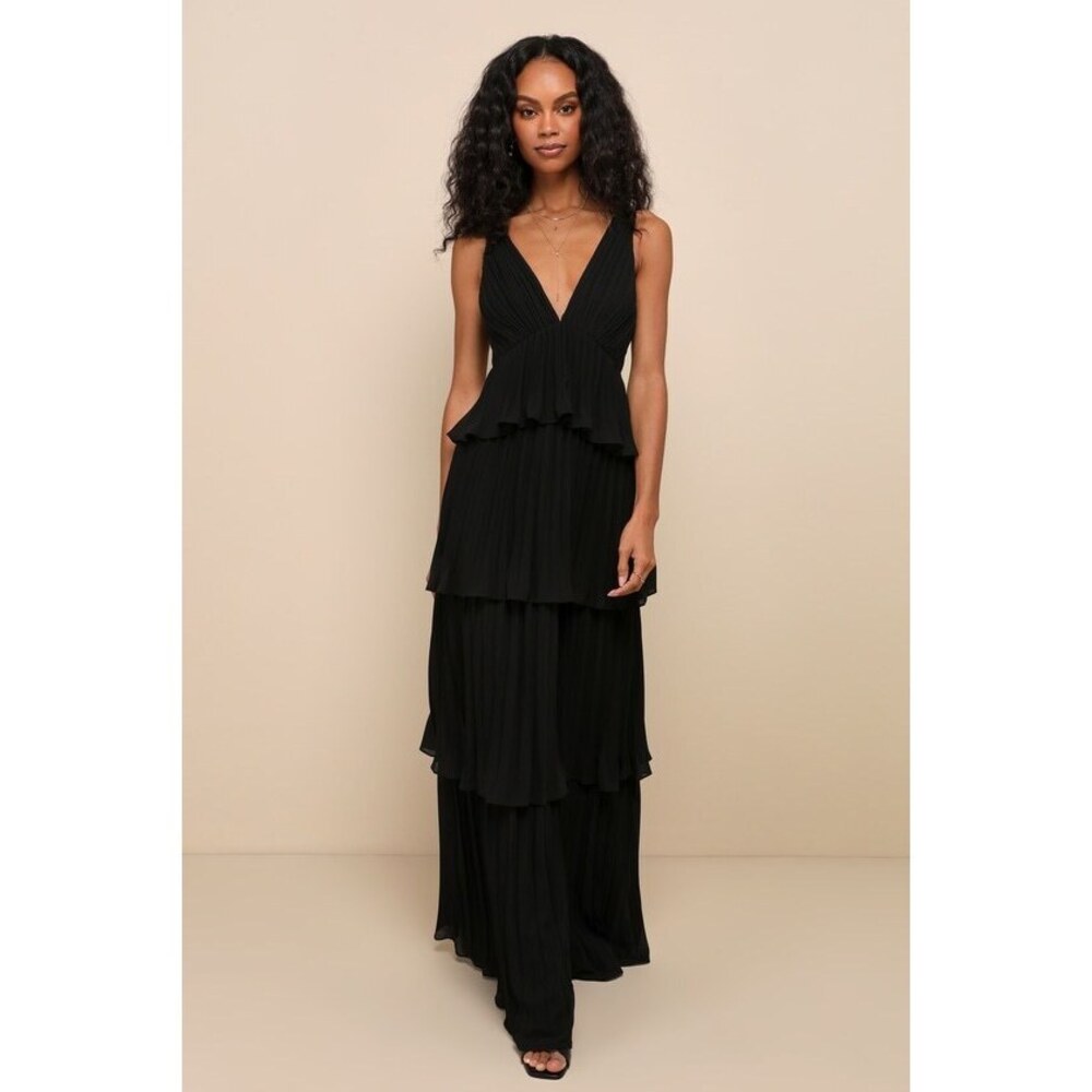 Lulus Mesmerizing Essence Black Pleated Backless Tiered Maxi Dress - Size S
